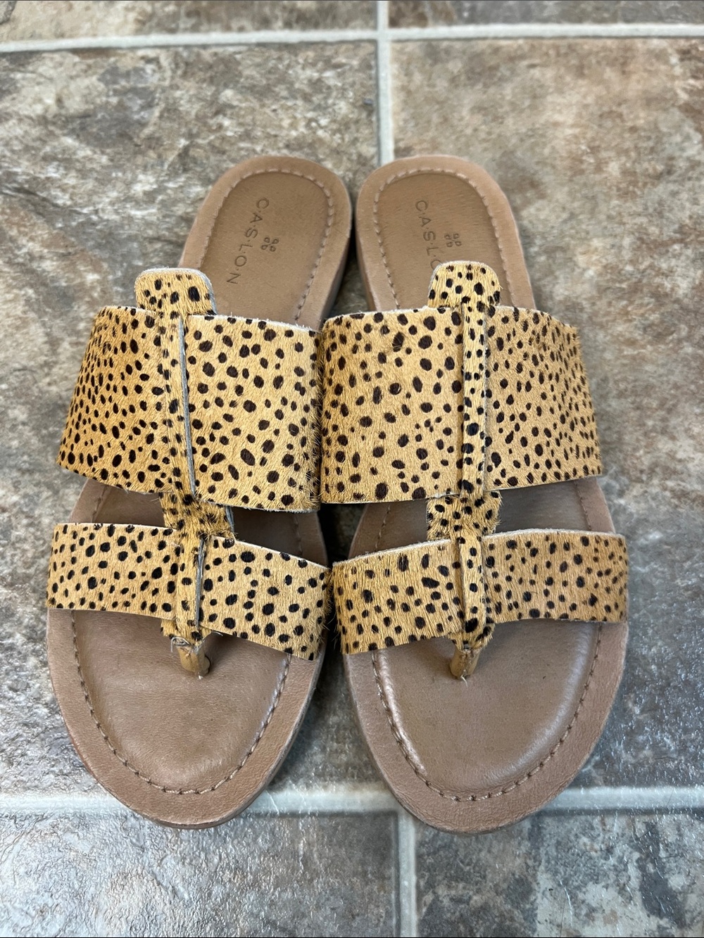 Caslon Tan Leopard-Print Double Strap Slide Sandals